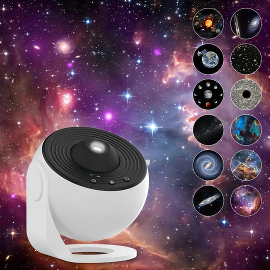 Stjärnprojektor med olika färgteman, projicerar dynamiska stjärnhimlar och nebulosor för personlig atmosfär.