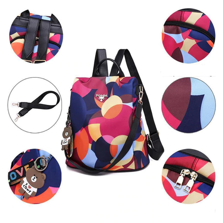 "Stöldsäker damryggsäck med fjärilsmönster, stor kapacitet, Oxford- och polyestertyg, mångsidiga fickor, justerbara remmar."