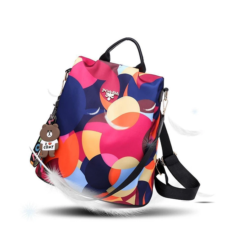 "Stöldsäker damryggsäck med fjärilsmönster, stor kapacitet, Oxford- och polyestertyg, mångsidiga fickor, justerbara remmar."