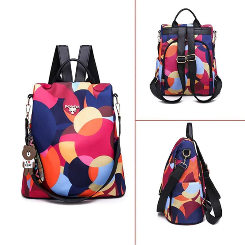 "Stöldsäker damryggsäck med fjärilsmönster, stor kapacitet, Oxford- och polyestertyg, mångsidiga fickor, justerbara remmar."