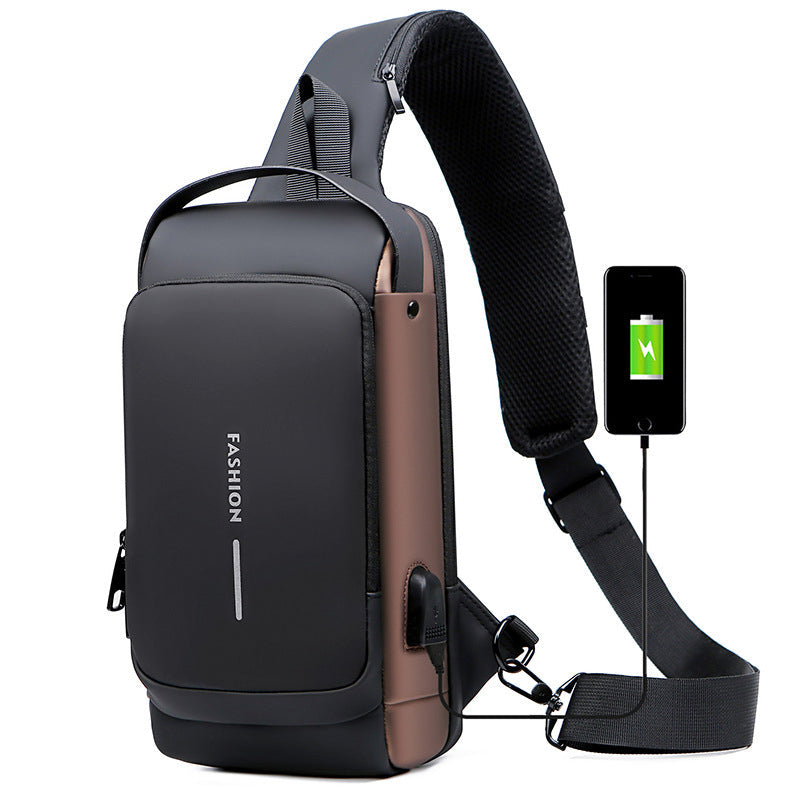 Stöldskyddad damkurirväska, minimalistisk design, grå och brun färg, med USB-laddning och TSA-lås.