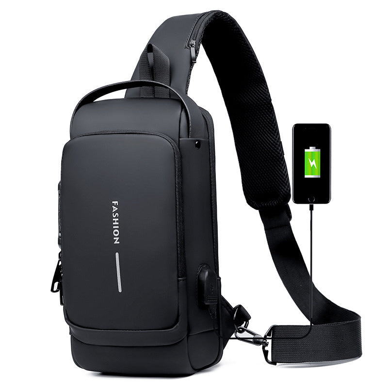 Stöldskyddad damkurirväska, minimalistisk design, grå och brun färg, med USB-laddning och TSA-lås.
