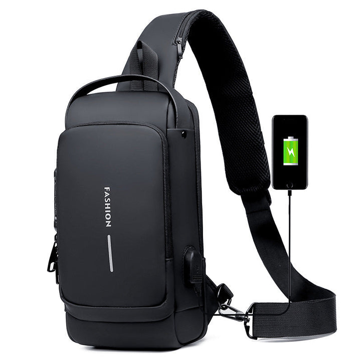 Stöldskyddad damkurirväska, minimalistisk design, grå och brun färg, med USB-laddning och TSA-lås.