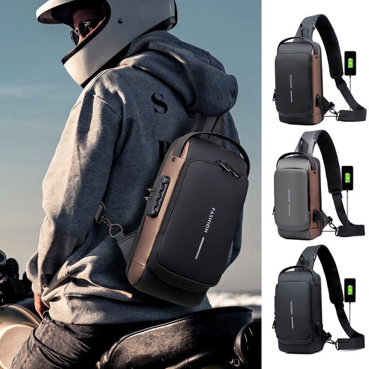 Stöldskyddad damkurirväska, minimalistisk design, grå och brun färg, med USB-laddning och TSA-lås.