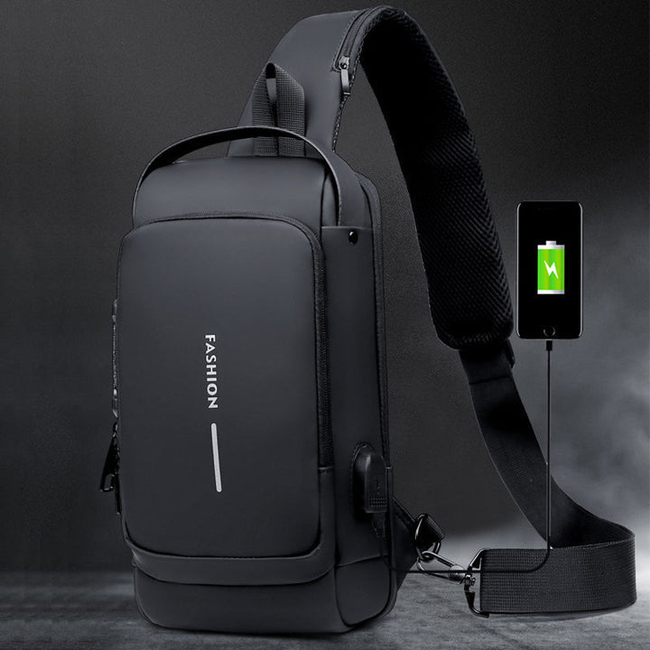 Stöldskyddad damkurirväska, minimalistisk design, grå och brun färg, med USB-laddning och TSA-lås.