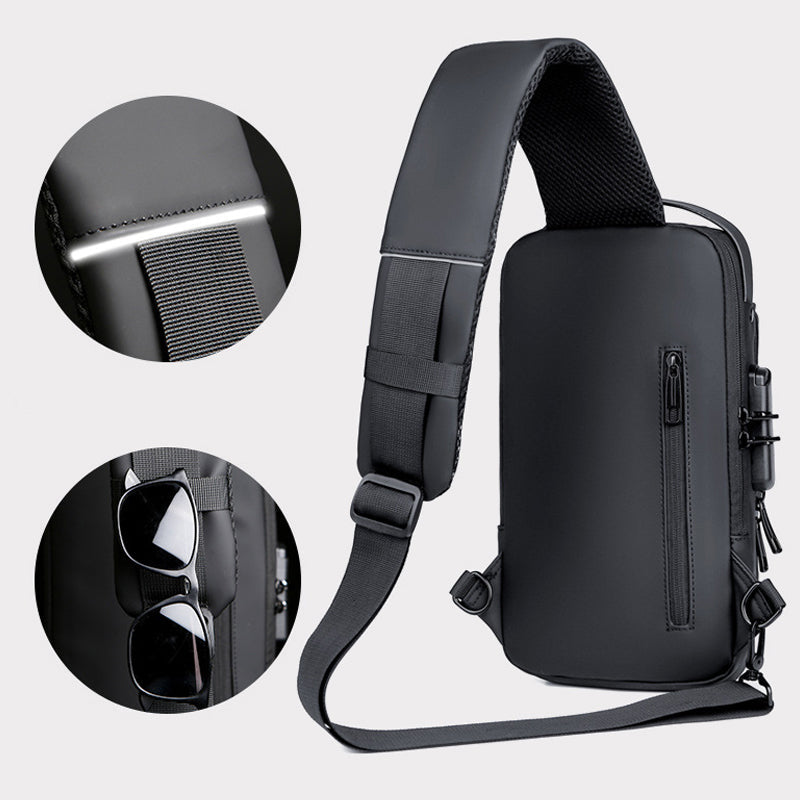 Stöldskyddad damkurirväska, minimalistisk design, grå och brun färg, med USB-laddning och TSA-lås.