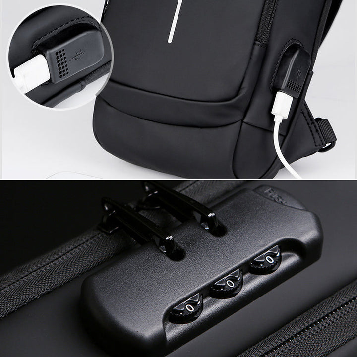 Stöldskyddad damkurirväska, minimalistisk design, grå och brun färg, med USB-laddning och TSA-lås.