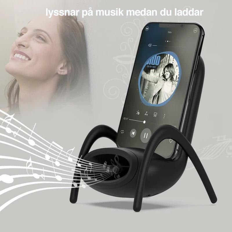 "Stolformad trådlös bärbar laddare, grå, QI-kompatibel, för horisontell och vertikal telefonladdning, med kylfläkt."