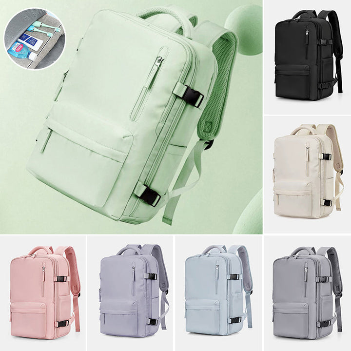 "Stor kvinnlig multifunktionell ryggsäck, vattentät och stilren med gröna, rosa och svarta nyanser, idealisk för resor."