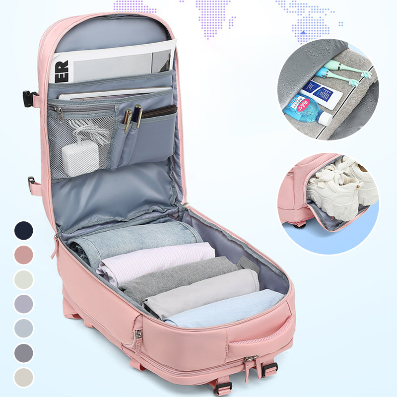 "Stor kvinnlig multifunktionell ryggsäck, vattentät och stilren med gröna, rosa och svarta nyanser, idealisk för resor."