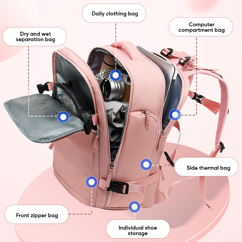 "Stor kvinnlig multifunktionell ryggsäck, vattentät och stilren med gröna, rosa och svarta nyanser, idealisk för resor."