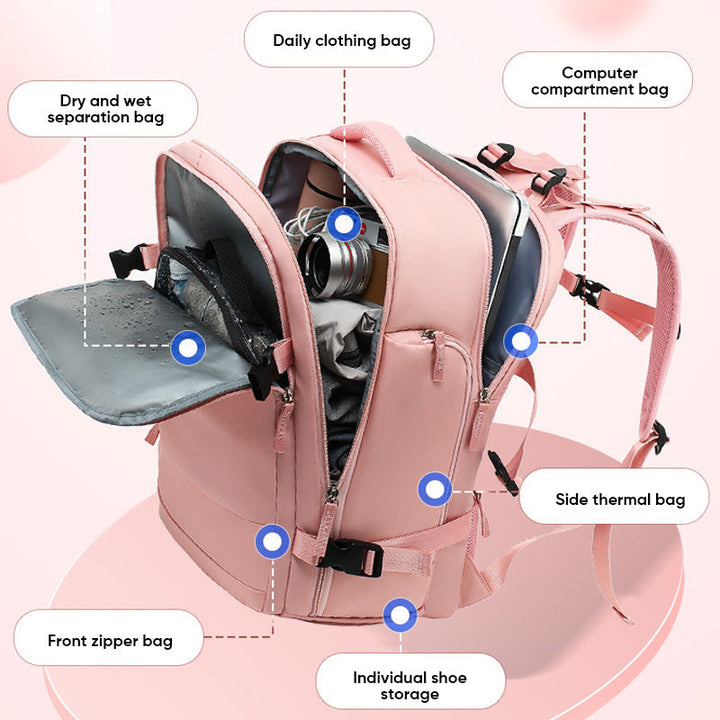 "Stor kvinnlig multifunktionell ryggsäck, vattentät och stilren med gröna, rosa och svarta nyanser, idealisk för resor."