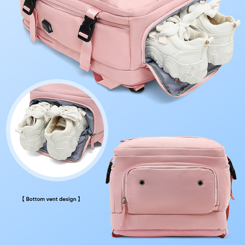 "Stor kvinnlig multifunktionell ryggsäck, vattentät och stilren med gröna, rosa och svarta nyanser, idealisk för resor."