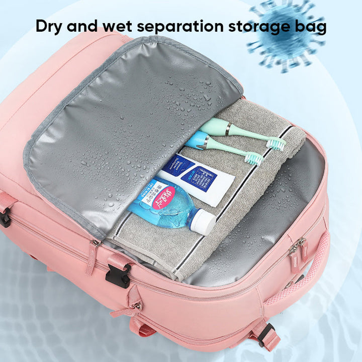 "Stor kvinnlig multifunktionell ryggsäck, vattentät och stilren med gröna, rosa och svarta nyanser, idealisk för resor."