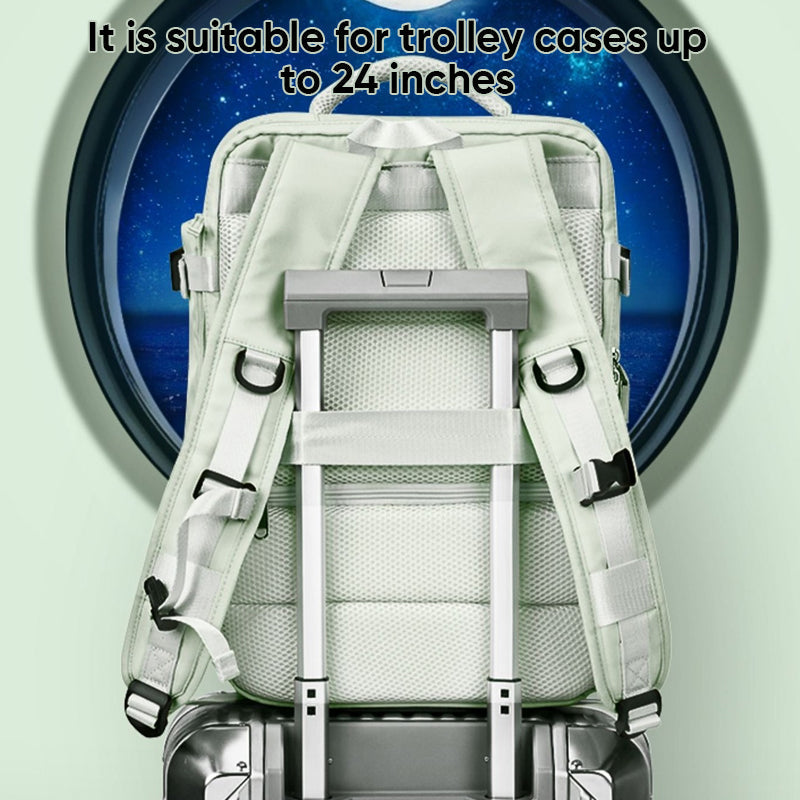 "Stor kvinnlig multifunktionell ryggsäck, vattentät och stilren med gröna, rosa och svarta nyanser, idealisk för resor."