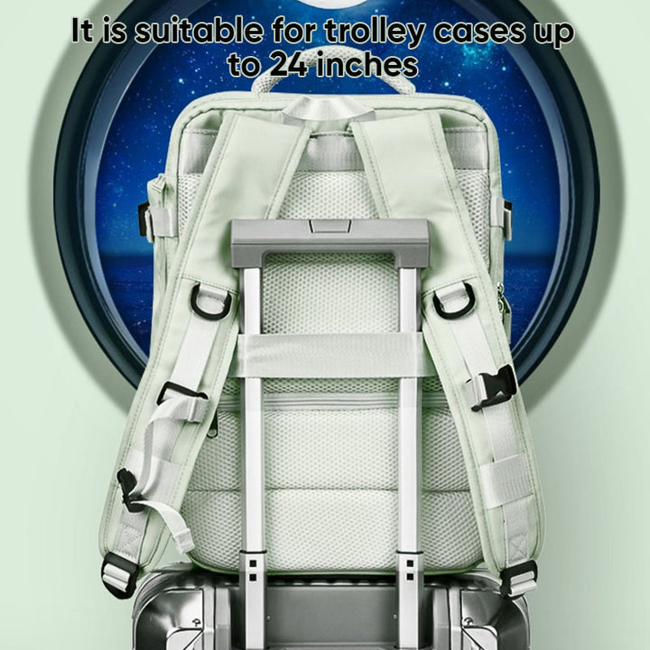 "Stor kvinnlig multifunktionell ryggsäck, vattentät och stilren med gröna, rosa och svarta nyanser, idealisk för resor."