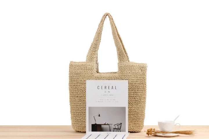 Kvinnors stora handväska, brun beige axelväska. Perfekt som casual sommar- och strandtote.