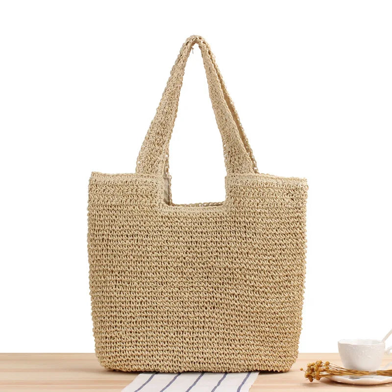 Kvinnors stora axelväska, solkysst brun beige toteväska. Idealisk för sommar och strand.