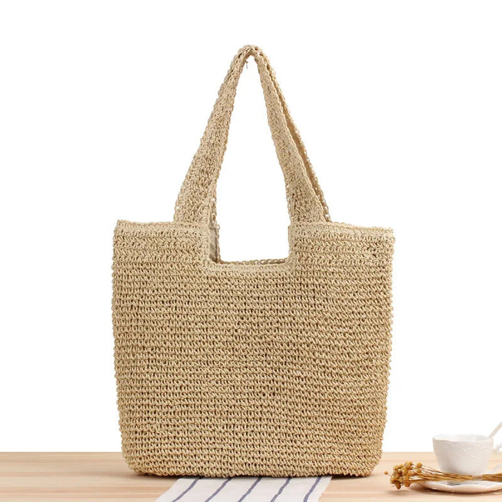 Kvinnors stora axelväska, solkysst brun beige toteväska. Idealisk för sommar och strand.
