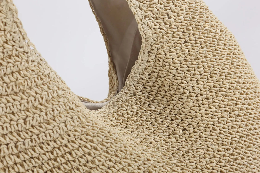 Solkysst brun beige toteväska, kvinnors casual axelväska. Idealiskt för strand och sommar.