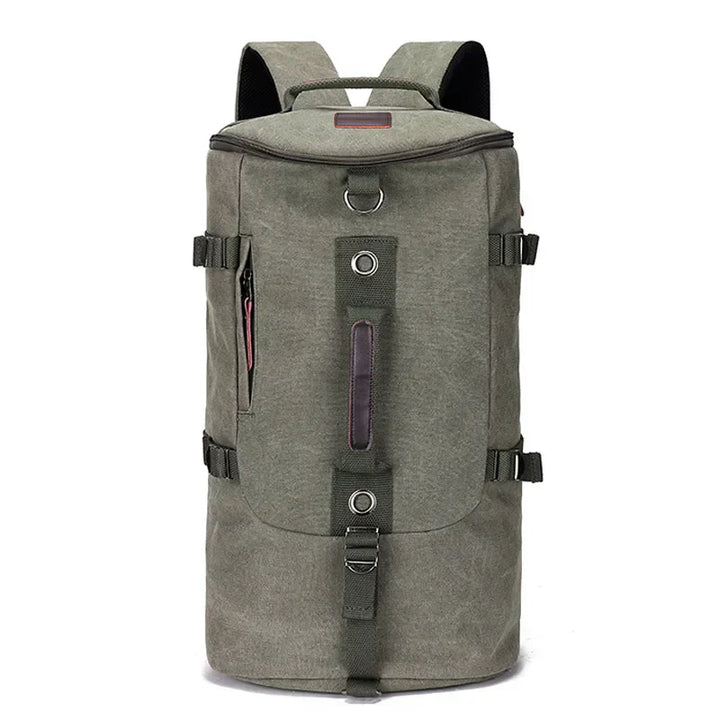 Grön unisex canvasryggsäck, stor kapacitet för resor och äventyr. Slitstark och bekväm för all din packning.