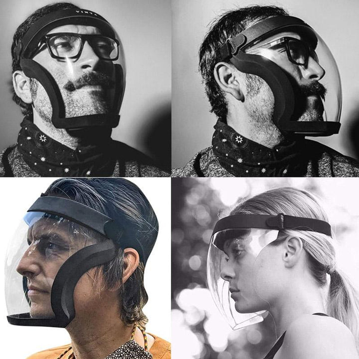 "Stort genomskinligt ansiktsskydd med antidimma, wrap-around design och blå detaljer, unisex skydd för ansikte."