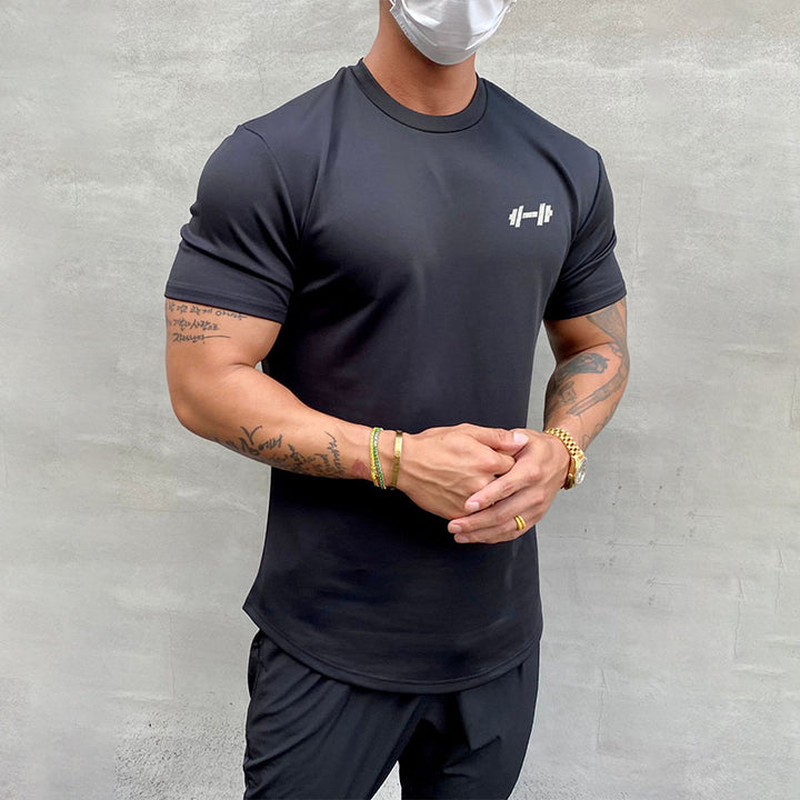 "Stretchig sport-T-shirt för herrar i bomull, khaki färg, med kort ärm och rund hals för optimal rörlighet och komfort."