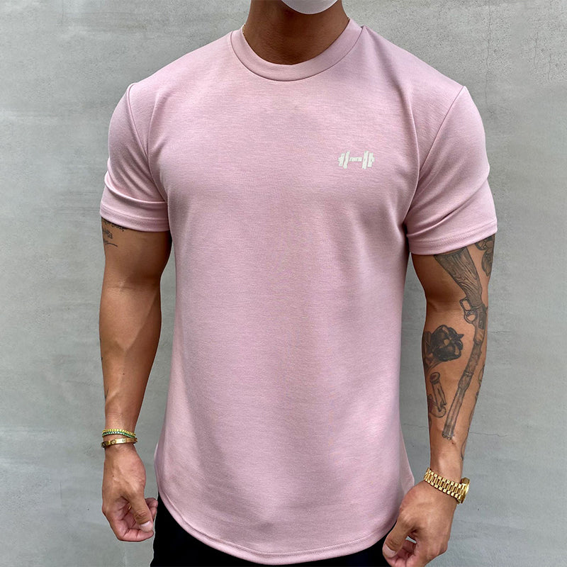 "Stretchig sport-T-shirt för herrar i bomull, khaki färg, med kort ärm och rund hals för optimal rörlighet och komfort."