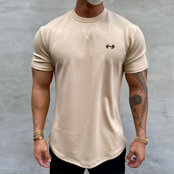 "Stretchig sport-T-shirt för herrar i bomull, khaki färg, med kort ärm och rund hals för optimal rörlighet och komfort."