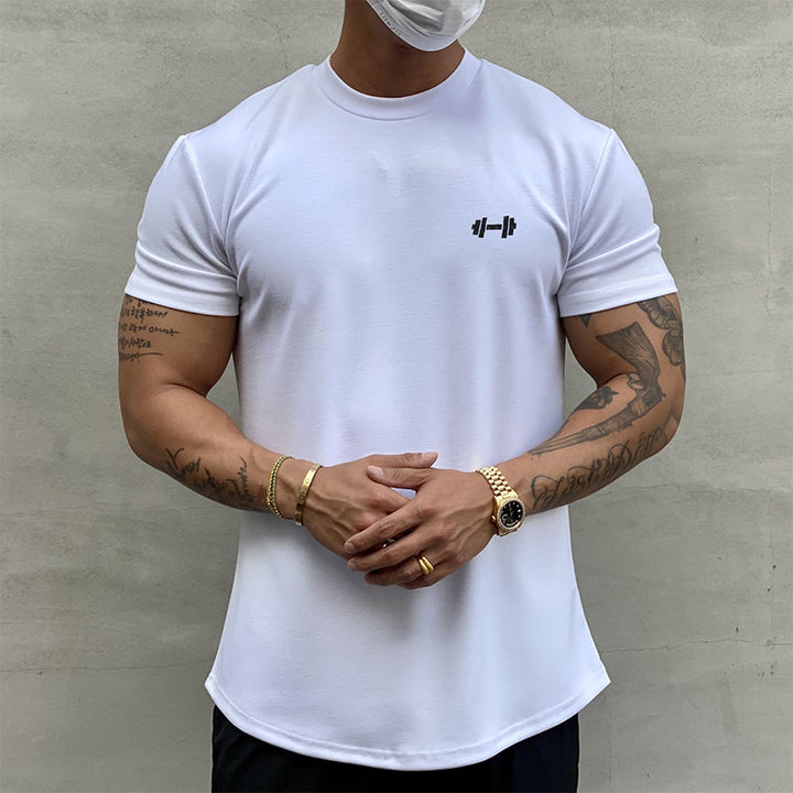 "Stretchig sport-T-shirt för herrar i bomull, khaki färg, med kort ärm och rund hals för optimal rörlighet och komfort."