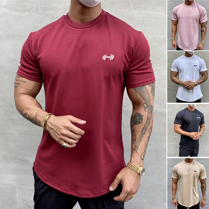 "Stretchig sport-T-shirt för herrar i bomull, khaki färg, med kort ärm och rund hals för optimal rörlighet och komfort."