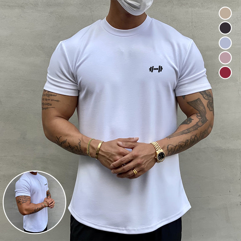 "Stretchig sport-T-shirt för herrar i bomull, khaki färg, med kort ärm och rund hals för optimal rörlighet och komfort."