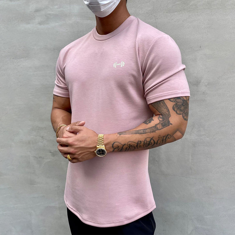 "Stretchig sport-T-shirt för herrar i bomull, khaki färg, med kort ärm och rund hals för optimal rörlighet och komfort."