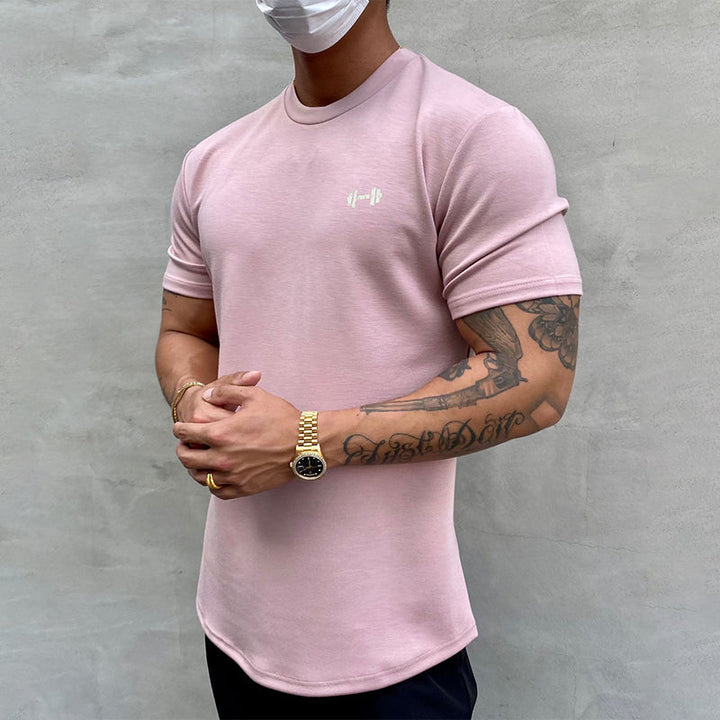 "Stretchig sport-T-shirt för herrar i bomull, khaki färg, med kort ärm och rund hals för optimal rörlighet och komfort."