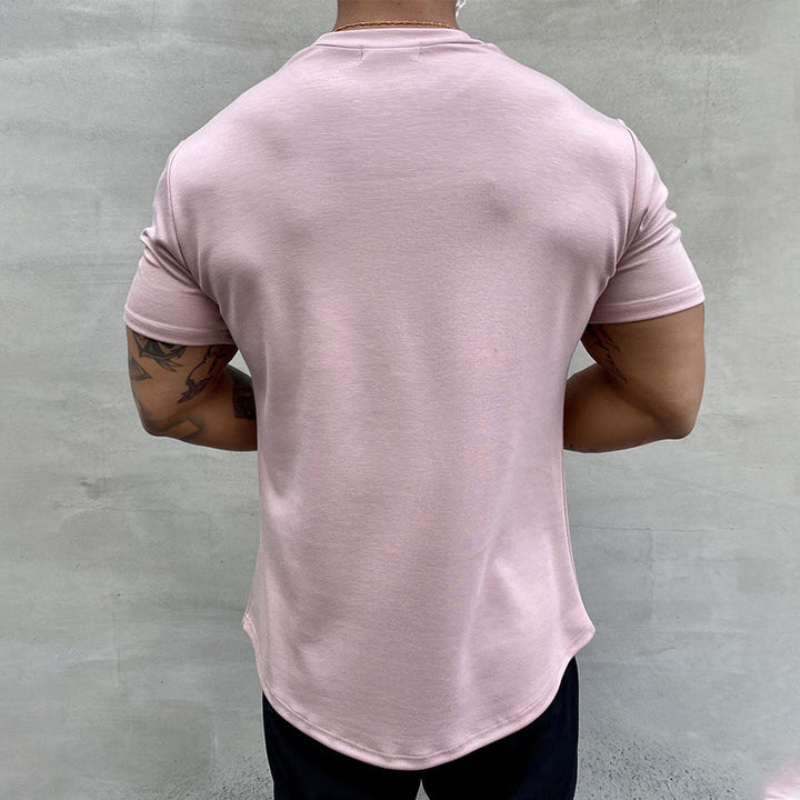 "Stretchig sport-T-shirt för herrar i bomull, khaki färg, med kort ärm och rund hals för optimal rörlighet och komfort."