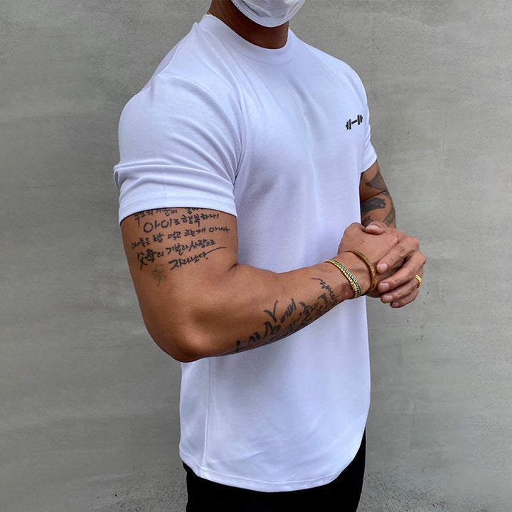 "Stretchig sport-T-shirt för herrar i bomull, khaki färg, med kort ärm och rund hals för optimal rörlighet och komfort."