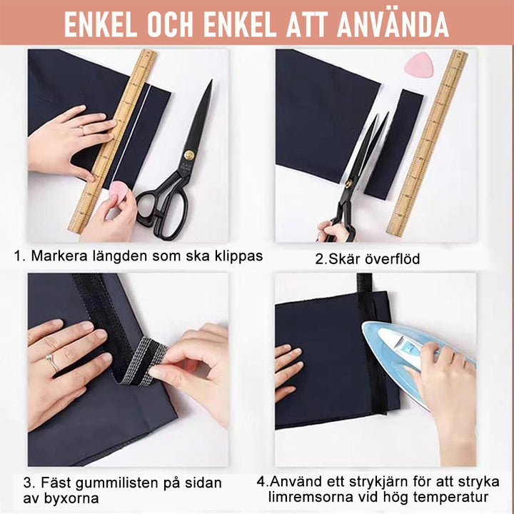 "Strykbart fållband för byxor och kläder, vit textur, håller fållen snygg och professionell, enkel lösning utan sömnad."