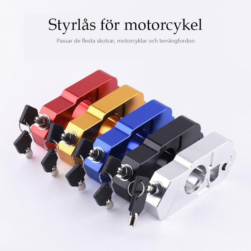 Styrlås för mopeder och MC i slitstark aluminium, flerfärgsalternativ. Perfekt för ökad säkerhet och stil.