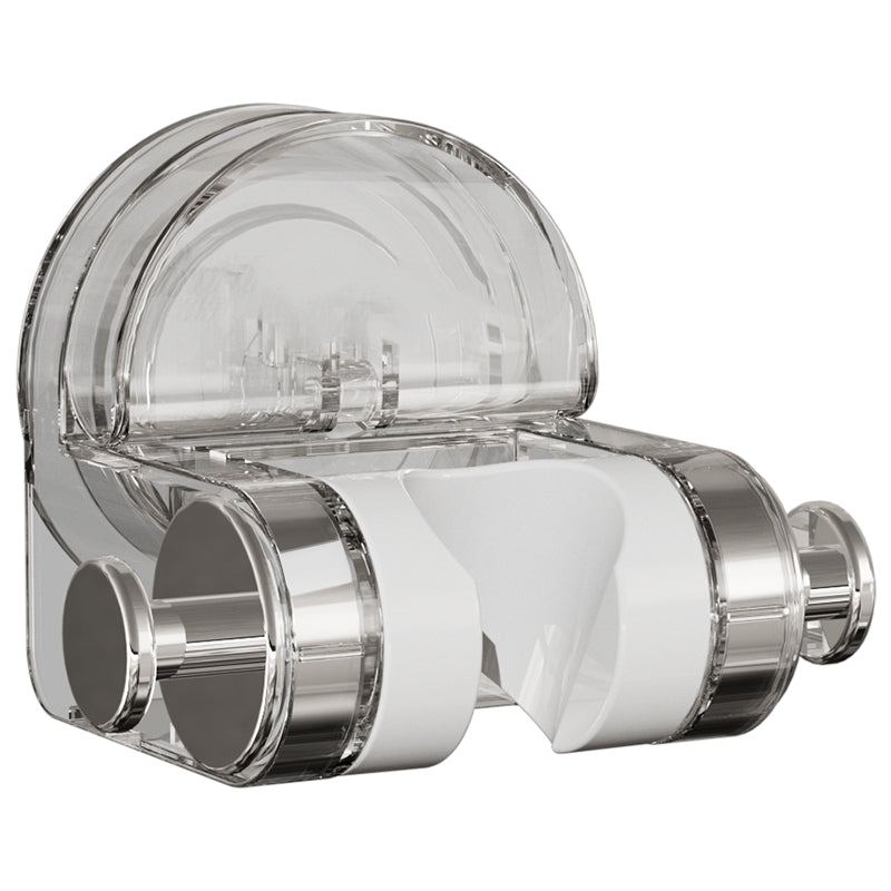 "Sugkopp duschtillbehör i silver och transparent ABS-material, justerbar krok för duschmunstycke, stilren badrumsdesign."