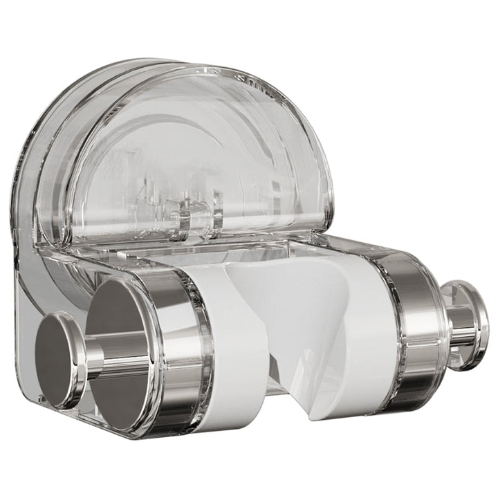 "Sugkopp duschtillbehör i silver och transparent ABS-material, justerbar krok för duschmunstycke, stilren badrumsdesign."