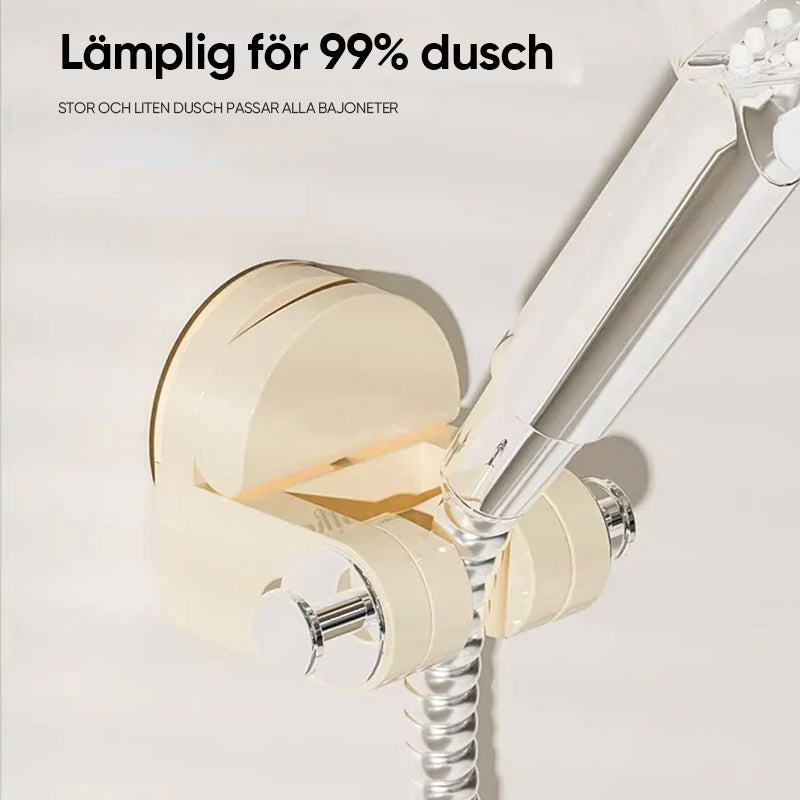 "Sugkopp duschtillbehör i silver och transparent ABS-material, justerbar krok för duschmunstycke, stilren badrumsdesign."