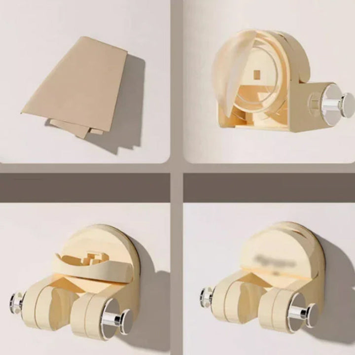 "Sugkopp duschtillbehör i silver och transparent ABS-material, justerbar krok för duschmunstycke, stilren badrumsdesign."