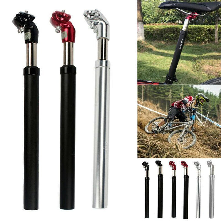 "Superlätt cykelstolpe av aluminium, svart och röd, med stötdämpare för mjuk och kontrollerad mountainbiketur."