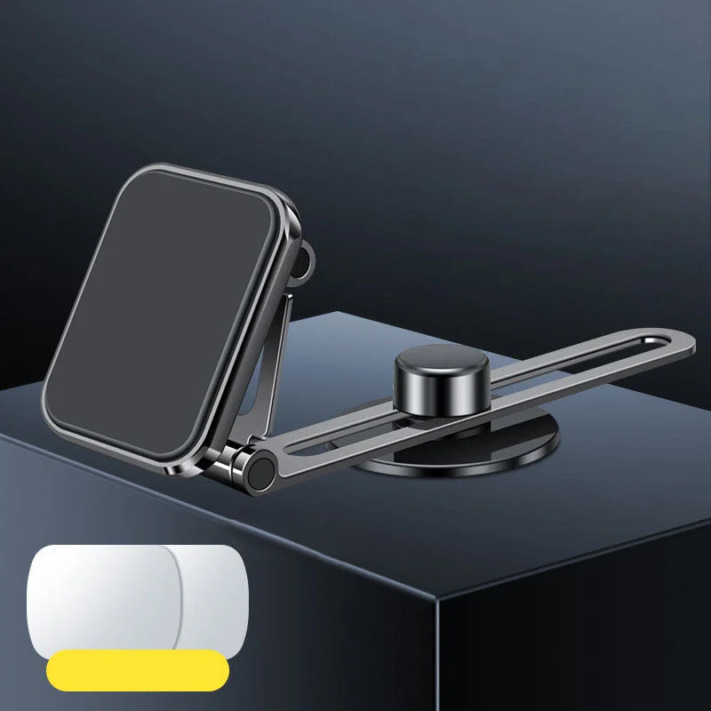 Supermagnetisk biltelefonhållare i silver, rund design, med kraftfullt grepp för säker navigering och enkel justering.
