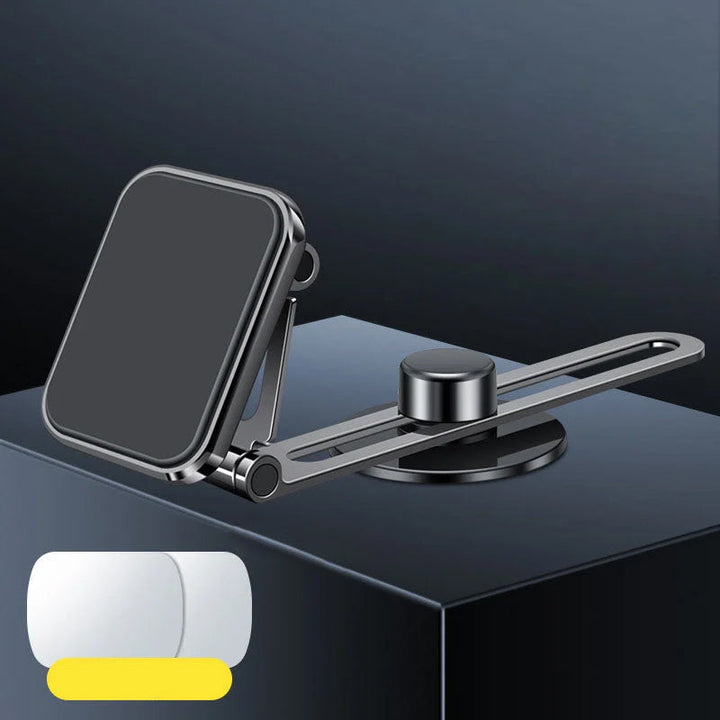Supermagnetisk biltelefonhållare i silver, rund design, med kraftfullt grepp för säker navigering och enkel justering.