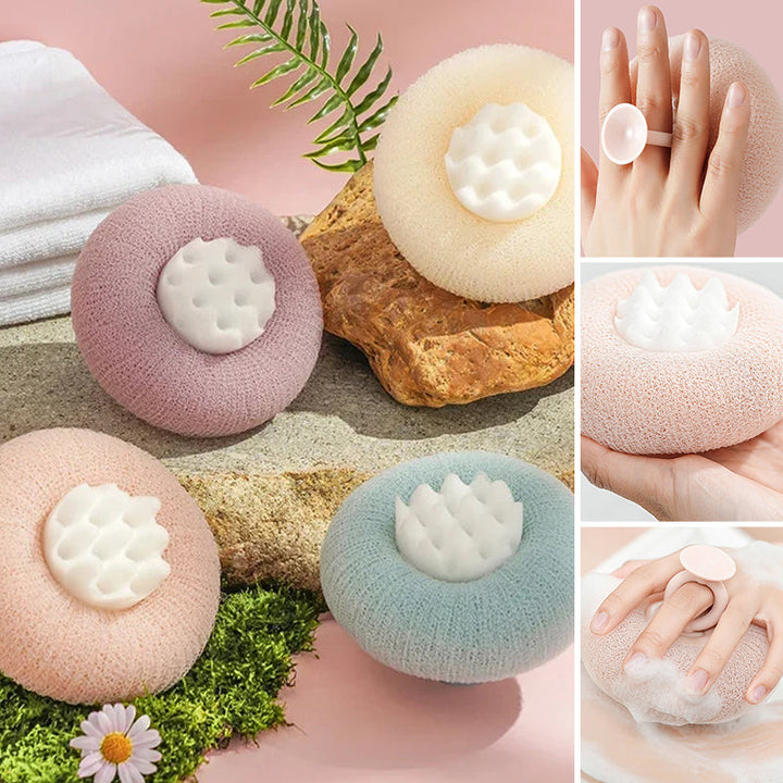 "Supermjuk badsvampblomma med praktiskt handtag och silikonmassagepartiklar för hudvänlig och revitaliserande duschupplevelse