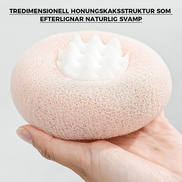 "Supermjuk badsvampblomma med praktiskt handtag och silikonmassagepartiklar för hudvänlig och revitaliserande duschupplevelse