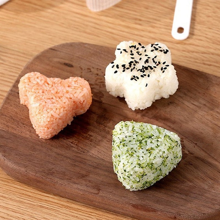 "Sushi-risbollsformar, hållbart material, kreativa stilar, olika former som rektangel och triangel för matlagning."