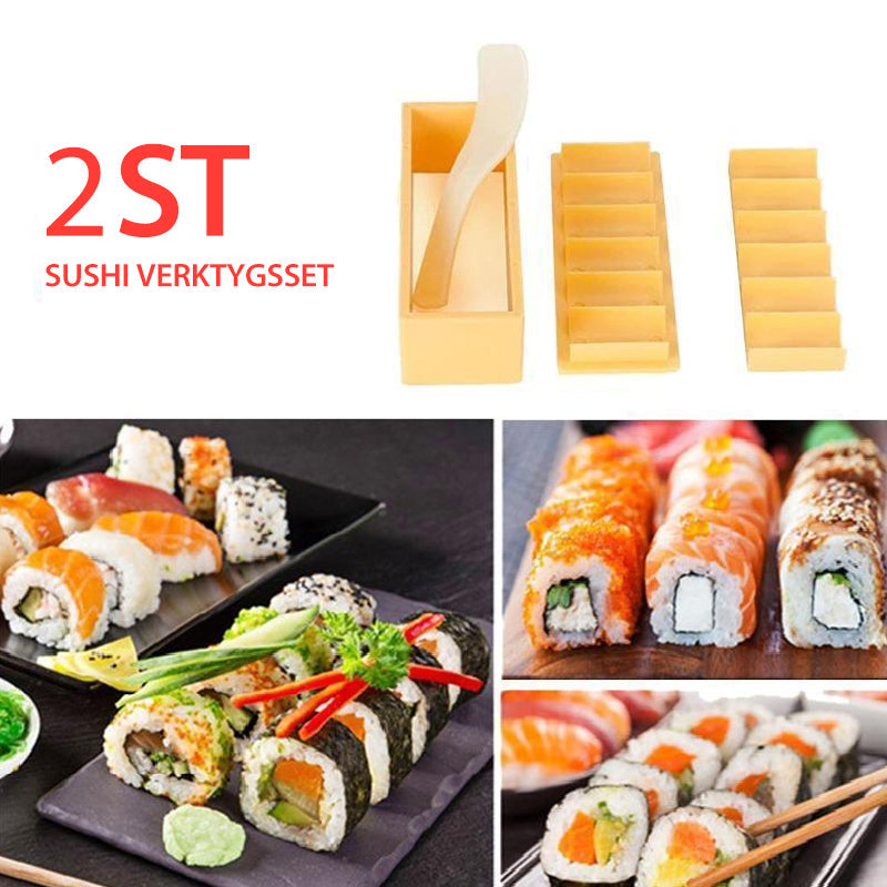 "Sushi verktygssats 3-IN-1: Matsäker plast i tre former, rund, fyrkantig, hjärtformad. Perfekt för hemlagad sushi."