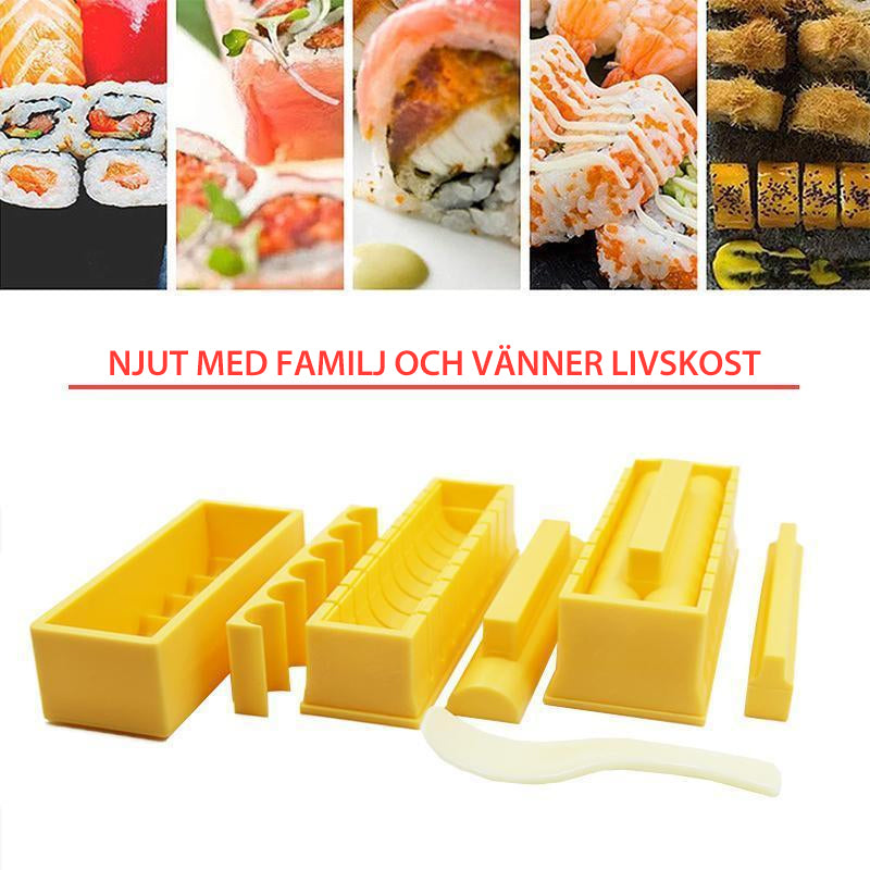 "Sushi verktygssats 3-IN-1: Matsäker plast i tre former, rund, fyrkantig, hjärtformad. Perfekt för hemlagad sushi."